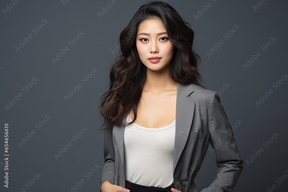 Generative AI : Confident Asian woman puts her hands in pocket and looks at the camera isolated over grey background. Portrait of pretty girl in studio. Perfect body. Generative AI : Confident Asian woman puts her hands in pocket and looks at the camera isolated over grey background. Portrait of pretty girl in studio. Perfect body.
