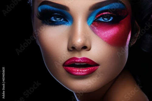 Generative AI   Close-up portrait of beautiful woman with bright make-up