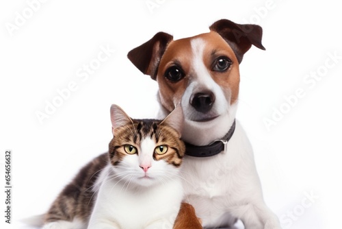 Generative AI : Portrait of funny dog Jack Russell Terrier and cheerful cat Scottish Straight isolated on white backgroun © The Little Hut