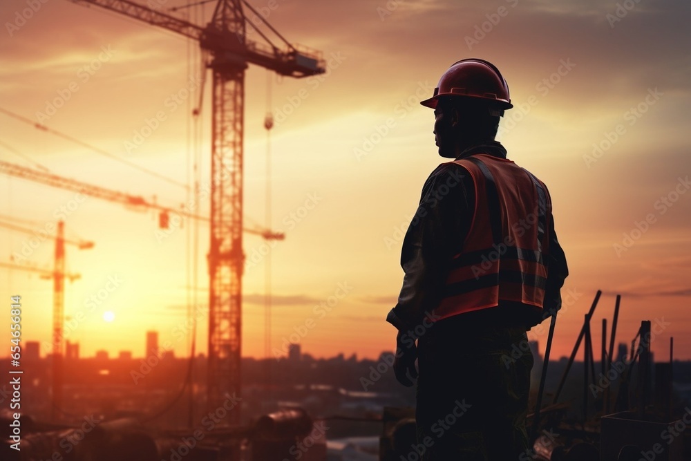 Generative AI : Silhouette engineer standing orders for construction crews to work on high ground heavy industry and safety concept over blurred natural background sunset pastel Generative AI : Silhouette engineer standing orders for construction crews to work on high ground heavy industry and safety concept over blurred natural background sunset pastel