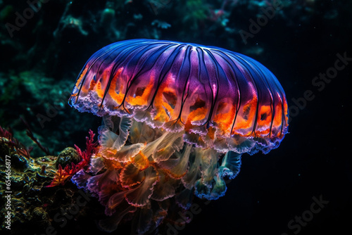 In a luminous underwater cavern, iridescent jellyfish form a radiant canopy, their tendrils casting prismatic patterns upon a coral reef's intricate tapestry of colors.
