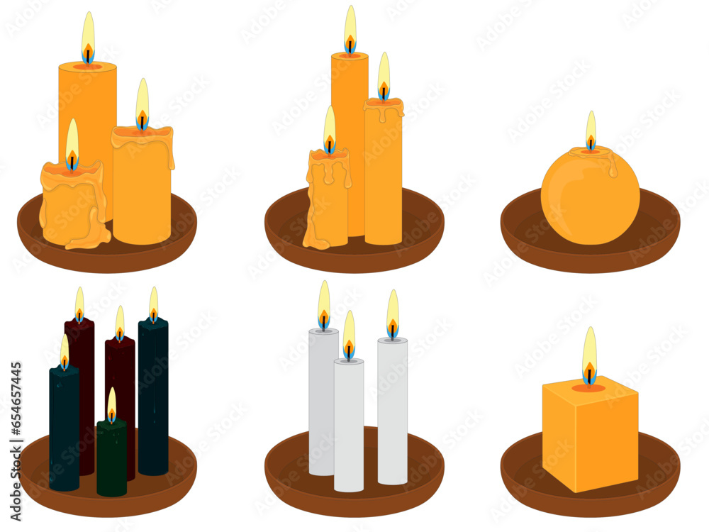 Collection of thin and thick different colour wax candles on clay plates vector illustration Collection of thin and thick different colour wax candles on clay plates vector illustration