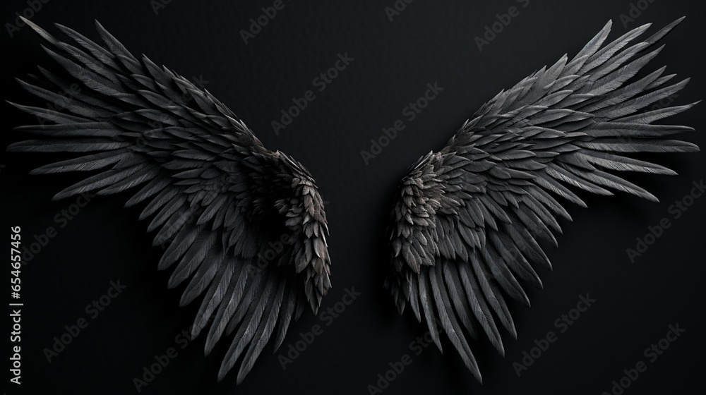 angel wings on black background - obrazy, fototapety, plakaty 