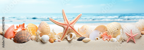 Starfish and seashells on the sandy beach near the sea