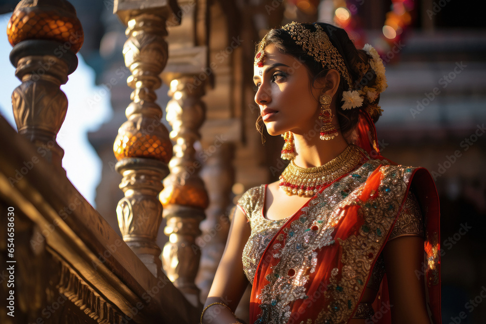 Indian bride in traditional wear and jewelery standing at temple