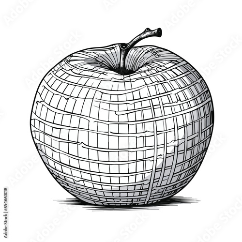 Black and white apple clipart, detailed cross-hatching