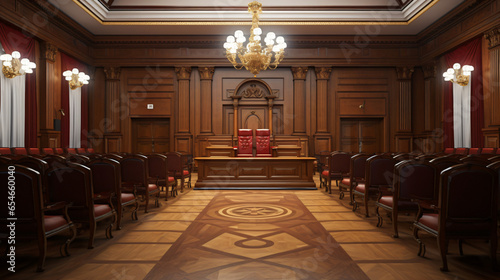 A courtroom in a Russian court an empty judges chair