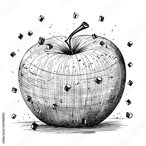 Black and white apple clipart, detailed cross-hatching
