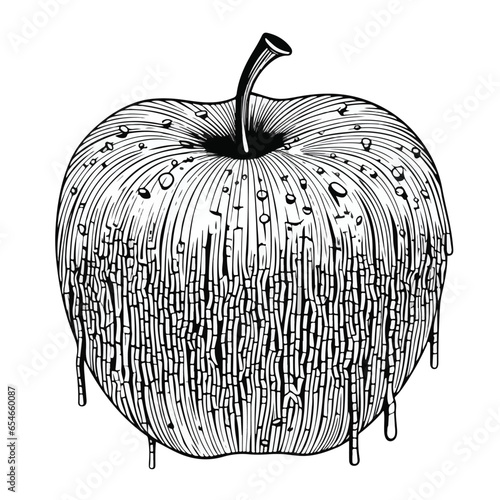 Black and white apple clipart, detailed cross-hatching