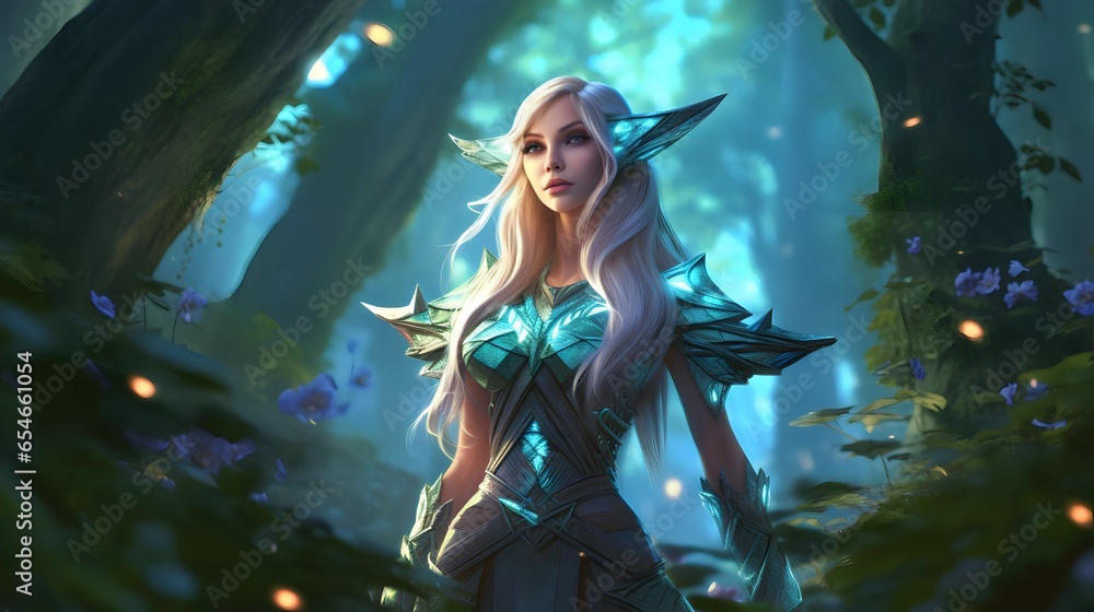 Fantasy fighting woman assassin warrior in forest