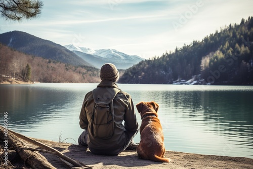 Rear view of man traveler and his dog looking at mountain lake on sunny day