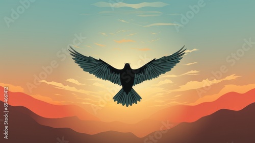 A majestic eagle soars gracefully through the sky, its wings outstretched and glistening in the golden light of a breathtaking sunrise over the rugged mountain peaks © Envision