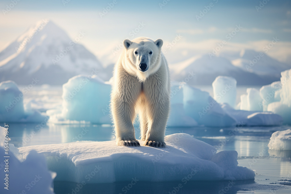 majestic photo of a polar bear standing on an ice floe, with a vast Arctic landscape in the background majestic photo of a polar bear standing on an ice floe, with a vast Arctic landscape in the background