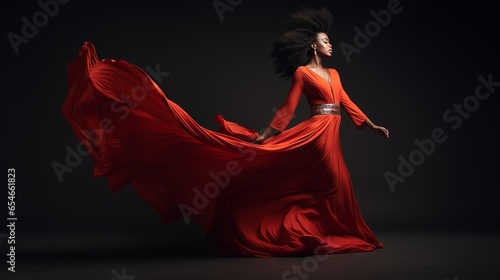 African woman dancing in a silk dress. Model with Black Afro Hair and Dark Skin Wearing Long Evening Red Gown with Flying Fabric on Gray Background