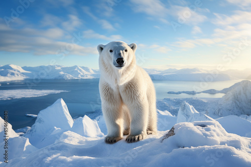 majestic photo of a polar bear standing on an ice floe, with a vast Arctic landscape in the background