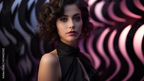 In this vibrant portrait, a fashionable woman poses with confidence and grace, showcasing her beautiful hairstyle, luscious lips, and dramatic eyelashes, evoking a sense of artistry and femininity