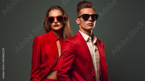 Full-length shot of stylish couple on grey background, wearing red blazers and sunglasses.