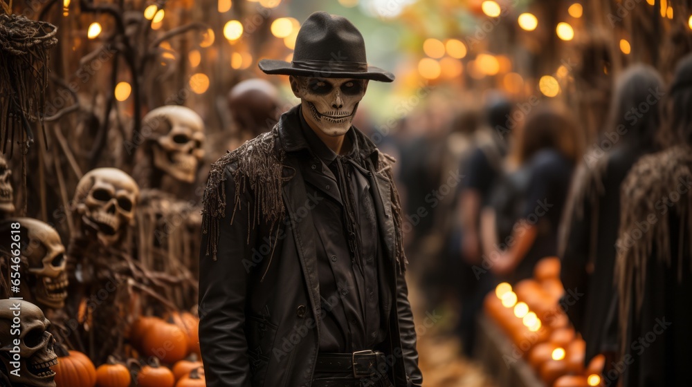 A mysterious skeleton wearing a halloween costume, hat and colorful clothing stands alone in the street, evoking a sense of the unknown A mysterious skeleton wearing a halloween costume, hat and colorful clothing stands alone in the street, evoking a sense of the unknown