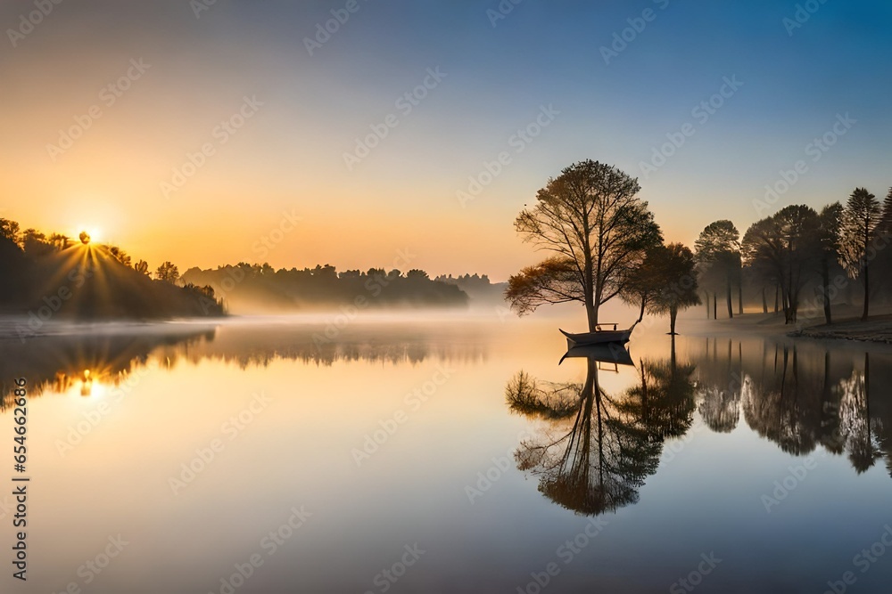 the sunrise over the river and reflection on the water the sunrise over the river and reflection on the water