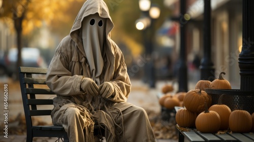 A person wearing a cozy garment sits on a bench surrounded by a vibrant array of orange pumpkins, creating a perfect fall moment in the street photo