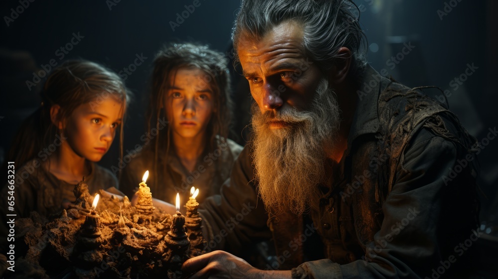 In a dimly-lit room, a bearded man stands amongst a group of girls, all wearing colorful clothing and surrounded by flickering candles, evoking a feeling of mystery and intrigue