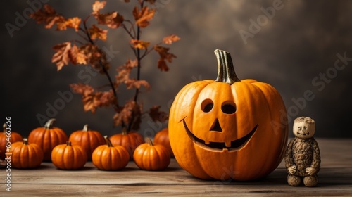 On a crisp autumn night, a glowing jack-o-lantern carved from a pumpkin beckons trick-or-treaters, its smile a warm reminder of the joy of the season photo