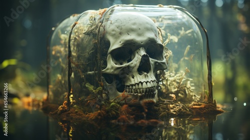 A hauntingly beautiful skull peeks out from its watery grave in a glass jar, inviting viewers to contemplate the fragility of life beyond the walls of the aquarium and out into the wild