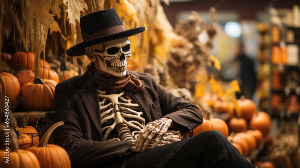 A skeleton dressed in a seasonal clothes around a pumpkins, ushering in the spirit of halloween
