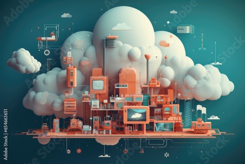 Tech Cloud Canvas An Illustration of Cloud Computing with Diverse Objects photo