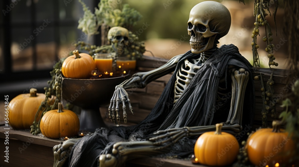 On a crisp autumn night, a skeletal statue sits upon a bench, illuminated by the light of a candle and surrounded by an array of vibrant pumpkins, squash, gourds, and calabazas, evoking a feeling of