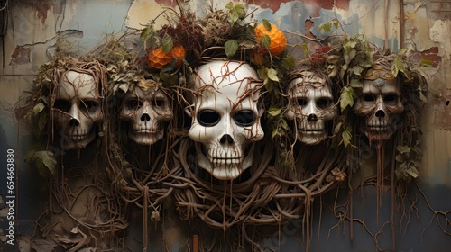 A breathtakingly wild painting of skulls adorned with vibrant flowers and vines captures the complexity of life and death in one captivating image