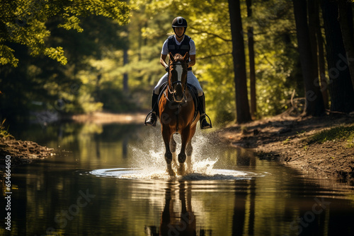 photo capturing the reflection of a rider and horse in a still water obstacle during a cross-country event