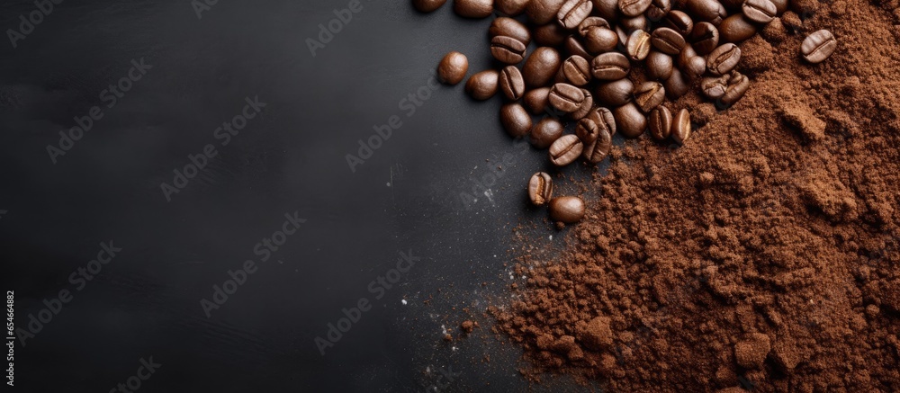 Obraz na płótnie Coffee beans and ground coffee on gray background with blank space above view w salonie