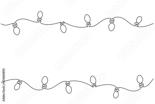 Light garland single line art drawing. Christmas and New Year hand drawn background with festoon holiday decorations. Black and white outline minimal doodle style illustration.