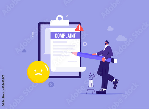 Businessman uses pencil write complaint paper document, bad review from client, consumer made complaint, poor service, dissatisfaction with the service, feedback