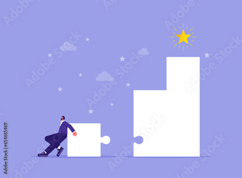 Accomplishment or reaching business goal, reward and motivation concept, businessman build ladder of success to reach star