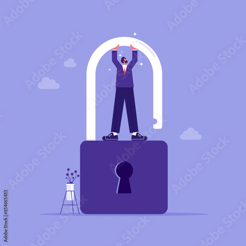Business concept of liberation or difficulties overcoming metaphor, motivated strong businessman break padlock without a key, powerful businessman reach independency and freedom