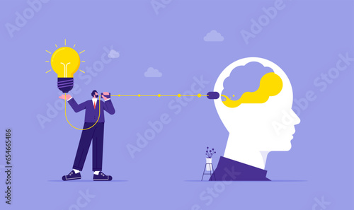 Recommend for business, advice or suggestion information for improvement concept, businessman holding lightbulb ideas telling recommend for business, or useful ideas to success