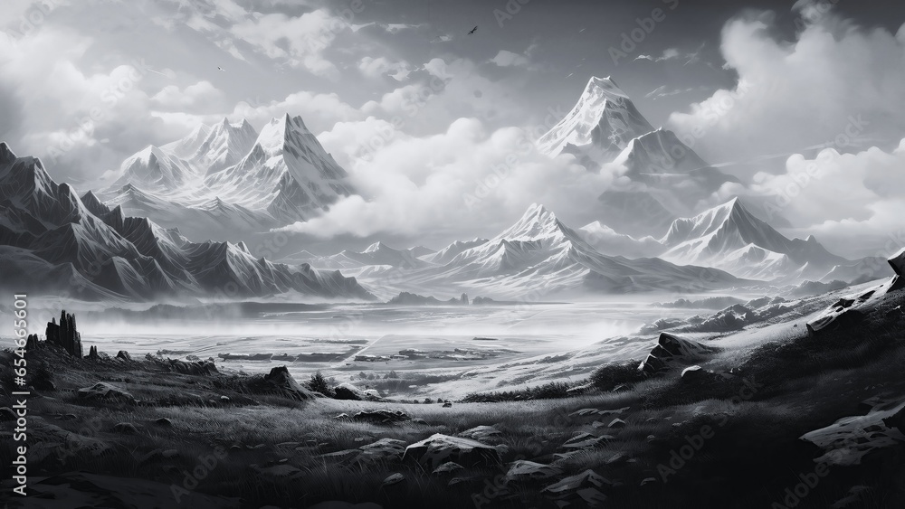 Obraz premium A serene monochrome landscape with mountains, ocean, sky, and river. A breathtaking monochrome landscape of nature and the ocean's horizon.