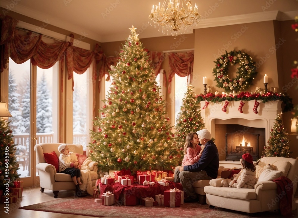 The family gathers together in a room filled with air on Christmas and New Year's Eve with Christmas trees, gifts, socks, and lights