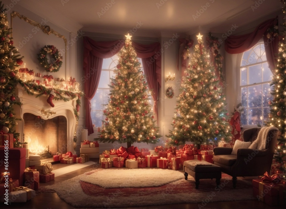 Beautiful Christmas room interior with decorated Christmas tree, gifts, lights and fireplace Beautiful Christmas room interior with decorated Christmas tree, gifts, lights and fireplace