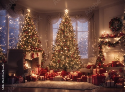 Beautiful Christmas room interior with decorated Christmas tree  gifts  lights and fireplace