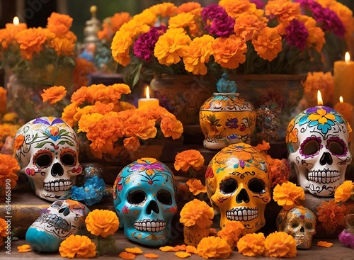 Mexican traditional Day of the Dead table with colorful skulls candles and flowers