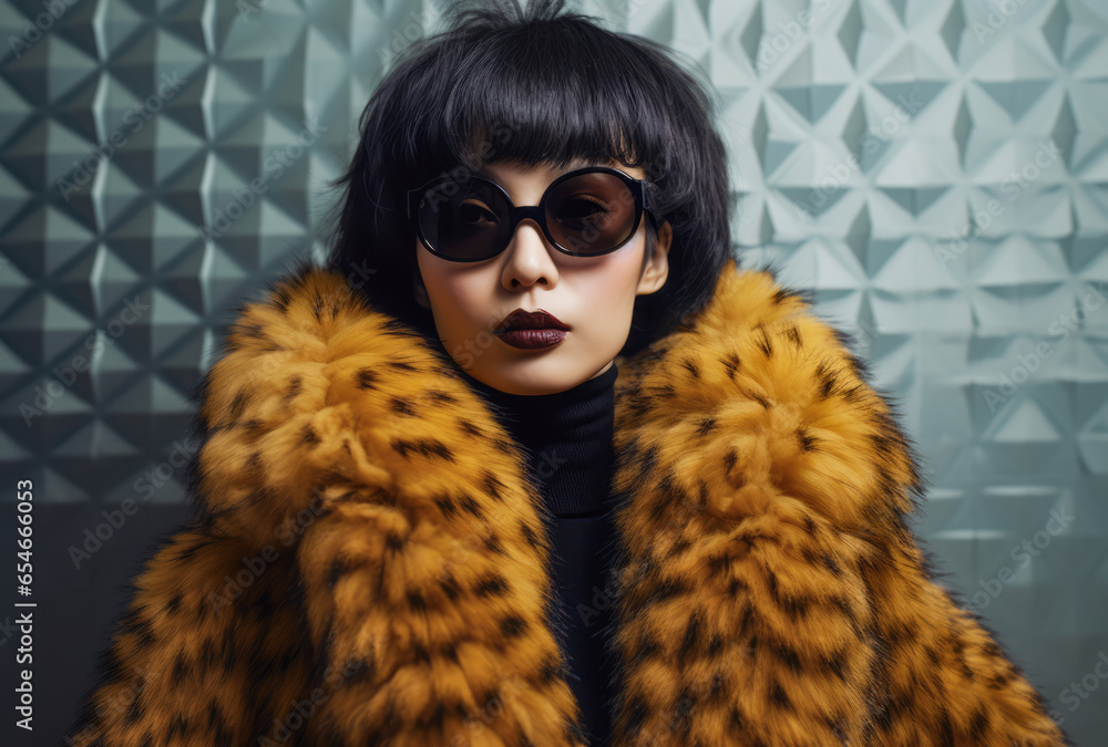 Confident Chinese young woman in sunglasses and a fur coat Confident Chinese young woman in sunglasses and a fur coat