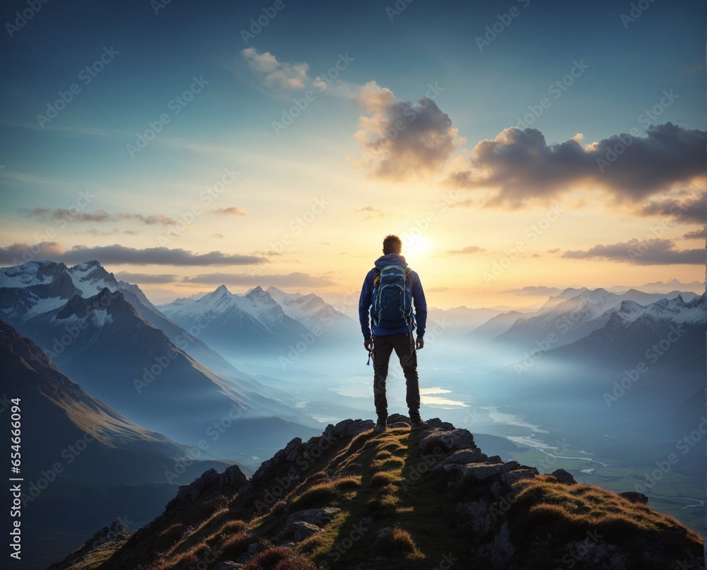 Man hiker silhouette standing on top of the mountains enjoys the beautiful view of nature at sunset