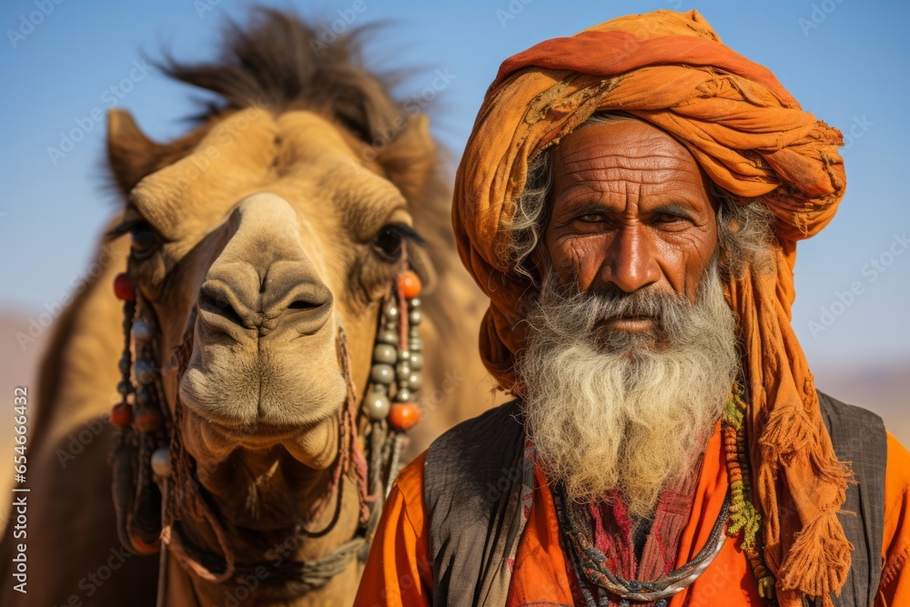 Photo of a Rajasthan nomad with a colourful turban standing in front of a group of camels created with Generative AI technology
