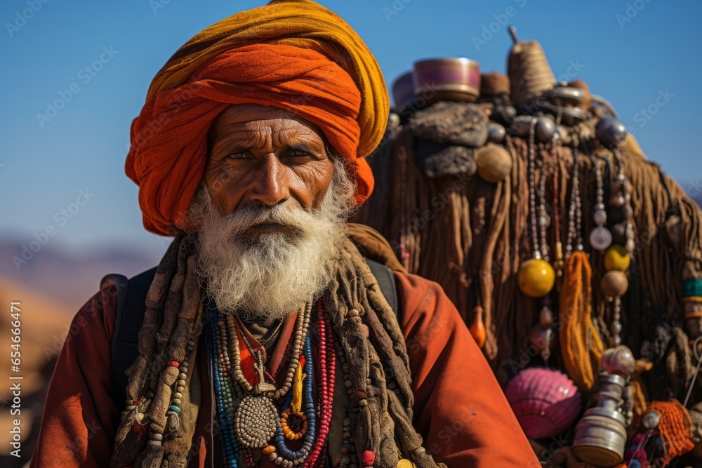 Photo Rajasthan nomad wearing colourful traditional attire that is suitable for exploring hot arid desert landscapes created with Generative AI technology