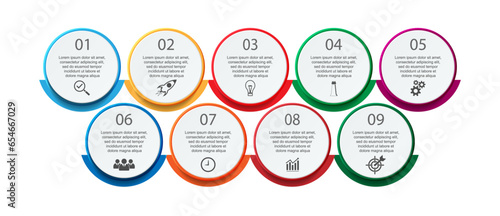 Business Infographic Design Template. minimal Timeline design with 9 steps, options and marketing icons. Vector linear infographic with nine circle connected elements. Can be used for your presentatio