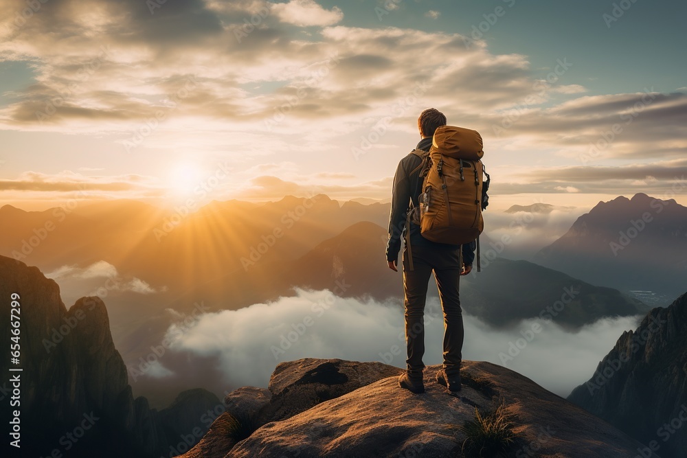 Rear view of young male traveler with backpack enjoying sunrise on misty mountain peak