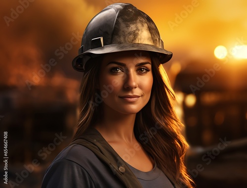 Portrait of a beautiful woman in a helmet on the background of a burning building. © Gorilla Studio